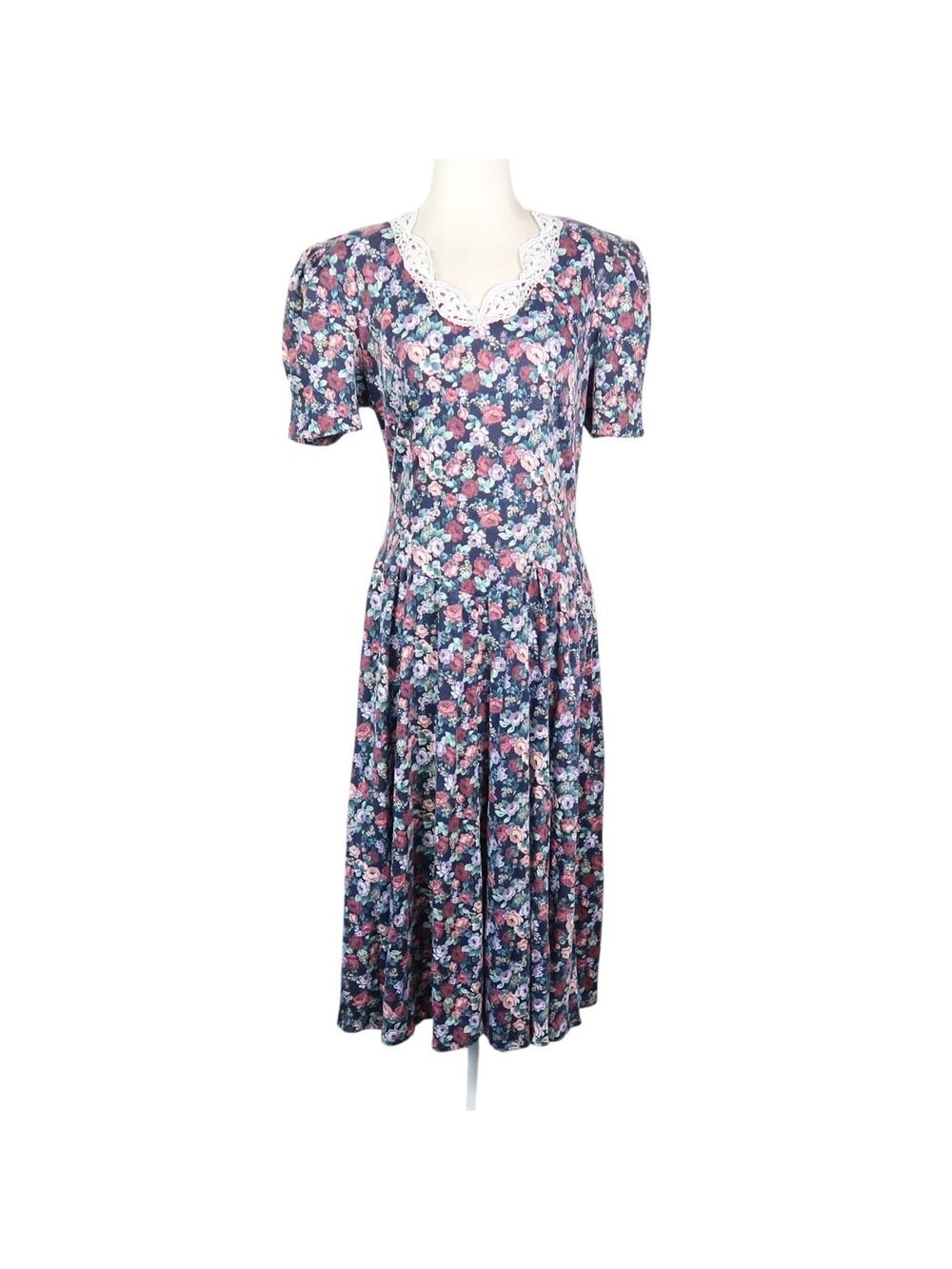 Vintage 80s Paquette Too! Navy Blue and Pink Floral Drop Waist Midi Dress M